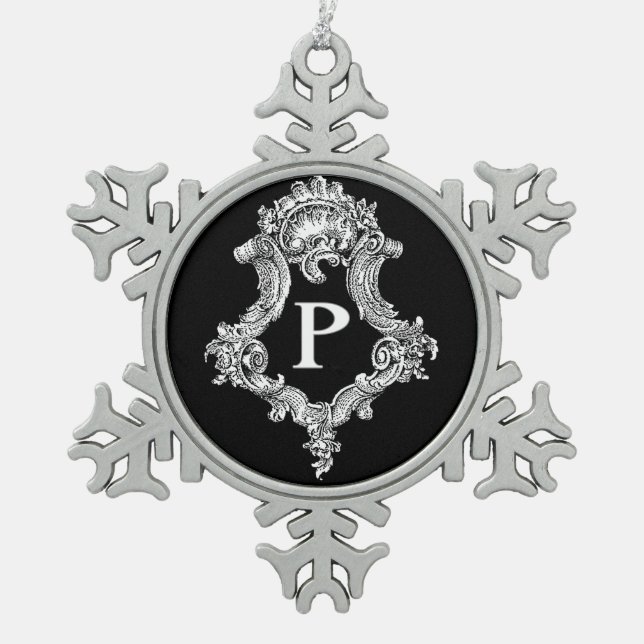 P Monogramm Erstverzierung Schneeflocken Zinn-Ornament (Vorderseite)