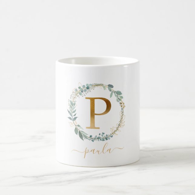 P Monogramm, kundenspezifischer Blattkranz Kaffeetasse (Mittel)