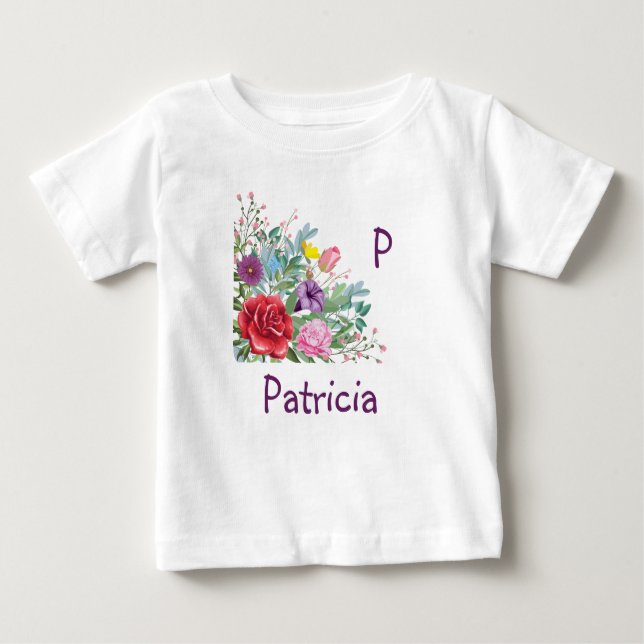 P Patricia Personalisieren Letter Name, Rose Blume Baby T-shirt (Vorderseite)