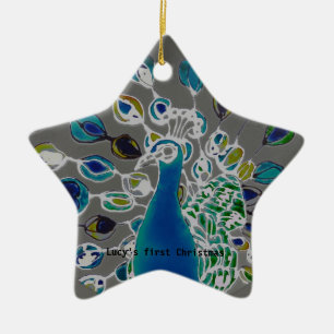 © P Wherrell erster Pfau Babys Weihnachts Keramik Ornament