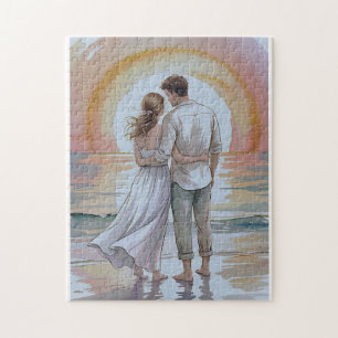 Paar am Strand bei Sonnenuntergang Puzzle