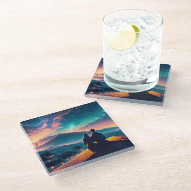 Paar auf dem Dach Glasuntersetzer (Schrägansicht)