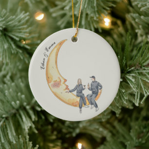 Paar auf dem Mond Wasserfarben-Ornament Keramik Ornament