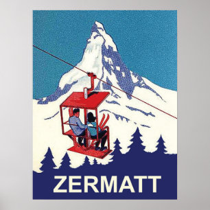 Paar auf einem Skilift in Zermatt, Vintage-Reise Poster