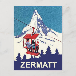 Paar auf einem Skilift in Zermatt, Vintage-Reise Postkarte