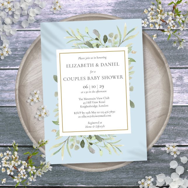 Paar Baby Dusche Blue Eucalyptus Grüne Einladung (Couples Baby Shower Blue Eucalyptus Greenery Invitation)