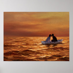 Paar, das bei Sonnenuntergang in einem Ruderboot k Poster