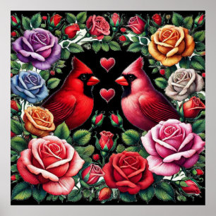 Paar der Kardinal Amid Vibrant Rose Poster