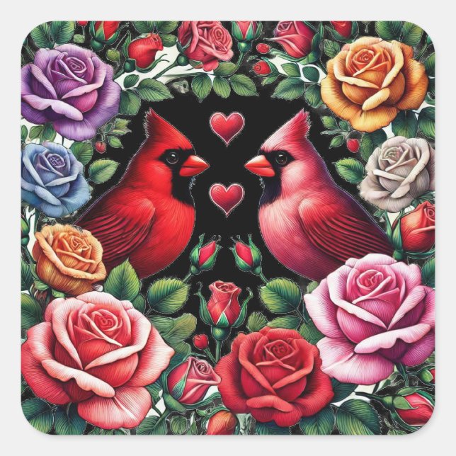 Paar der Kardinal Amid Vibrant Rose Quadratischer Aufkleber (Vorderseite)
