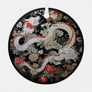 Paar der weißasiatischen Drachen Ornament Aus Metall