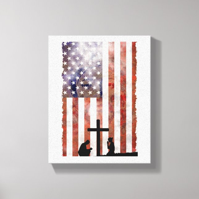Paar, die am Kreuz beten. Flagge, Jesus Hintergrun Leinwanddruck (Vorderseite)