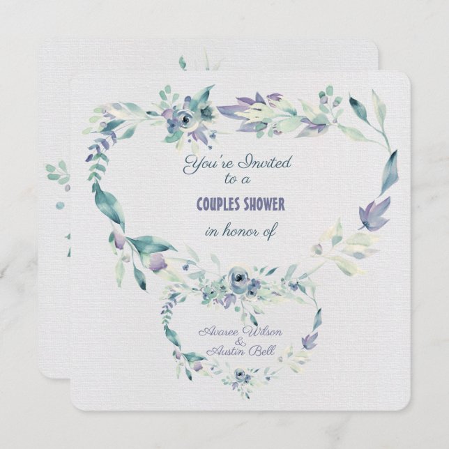 Paar Dusche Wasserfarbe Blauen Blumen Rahmen Einladung (Vorne/Hinten)