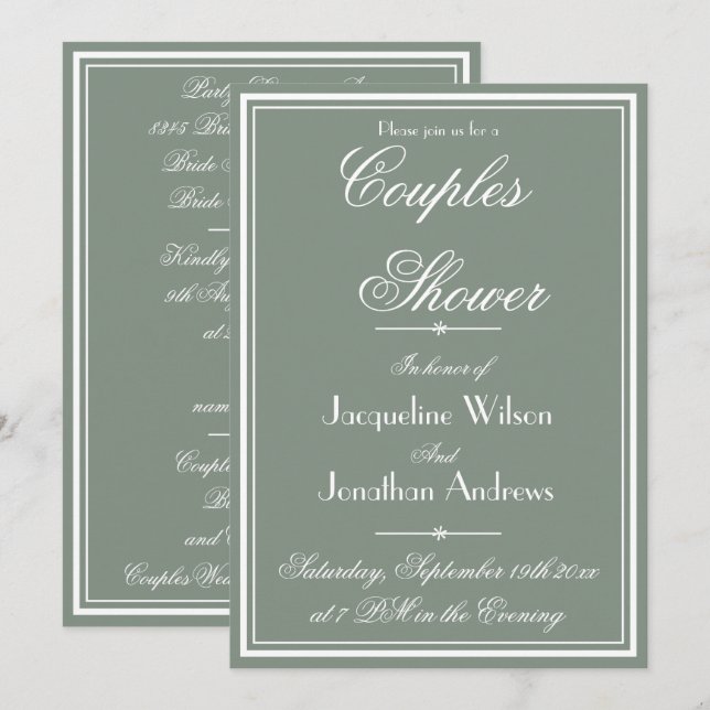 Paar Duschkabine Grün einfache rustikale Namen UAW Einladung (Vorne/Hinten)