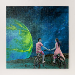 Paar Fahrradfahrt auf dem Mond im Weltraum Puzzle
