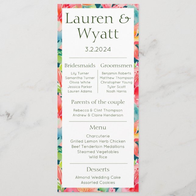 Paar Fakten Tropical Wedding Program & Menu Programm (Rückseite)