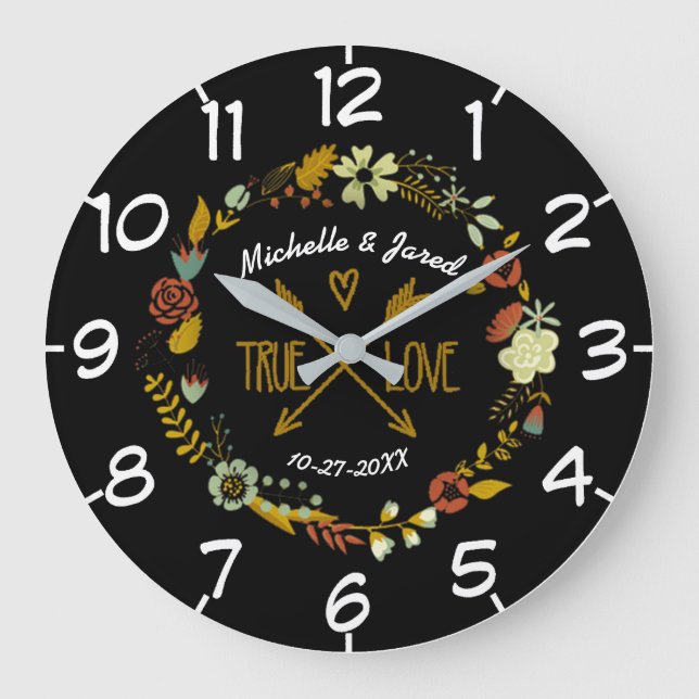 Paar-Hochzeitstag-Herbst-BlumenKranz Große Wanduhr (Vorderseite)
