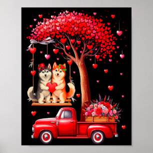 Paar Huskies Valentinstag Herzen Baum Pickup Truck Poster