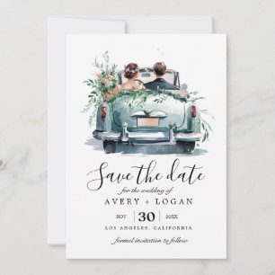 Paar im Oldtimer-Aquarell 'Save the Date' Einladung