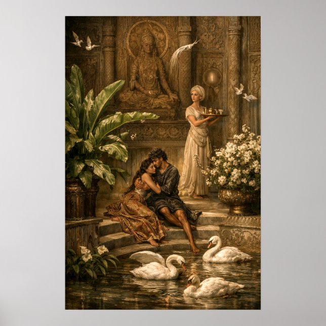 Paar im Schwanengarten Retro-Orientalismus Poster (Vorne)