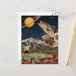 Paar in einem Retro-Auto Teetassen springender Fis Postkarte