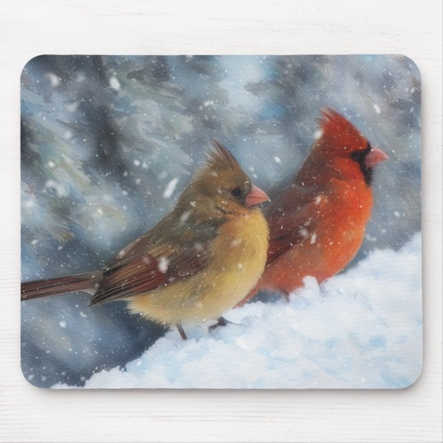 Paar Kardinalvögel Paar Winterkunst-Mauspad Mousepad (Vorne)