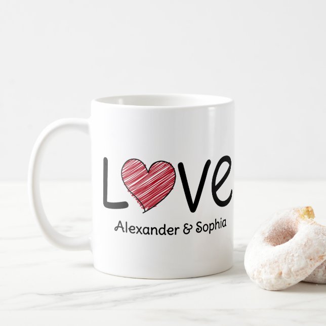 Paar-Liebe-Skizze Herz Modern Schwarz & Rot Kaffeetasse (Mit Donut)