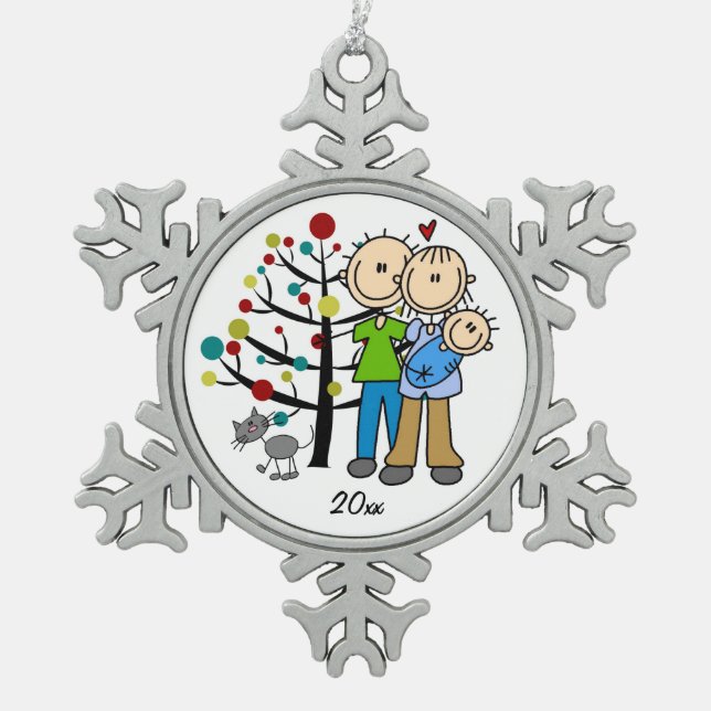 Paar mit Baby Boy und Cat Snowflake Ornament (Vorderseite)
