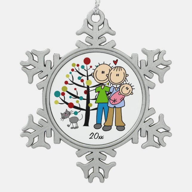Paar mit Baby Girl und Cat Snowflake Ornament (Vorderseite)