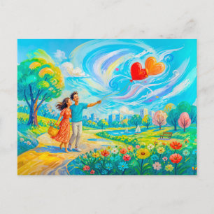 Paar mit Herzballons im windigen Park Postkarte