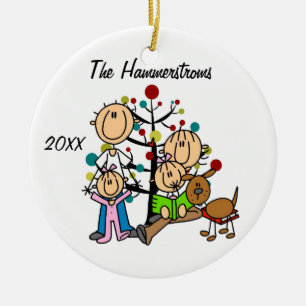 Paar mit zwei Mädchen, Hund maßgeschneidert Urlaub Keramikornament