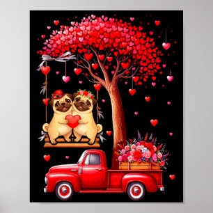 Paar Möpse Valentinstag Herzen Baum Pickup-Truck B Poster
