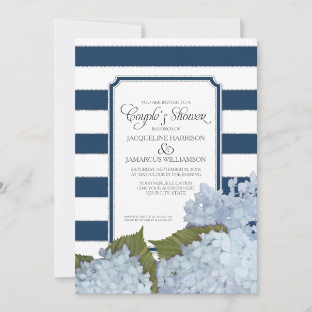 Paar-Shower Navy Blau Hydrangea Schrift Art Deco Einladung (Vorderseite)
