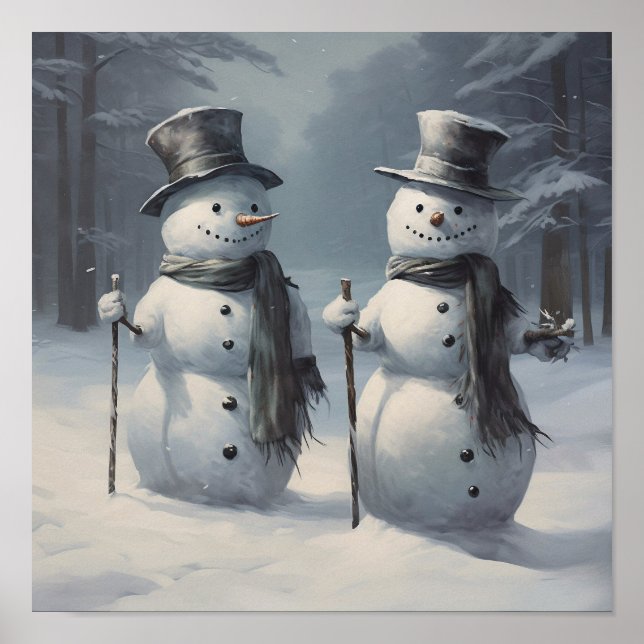 Paar Snowmen in einem Friedlichen Wald Poster (Vorne)