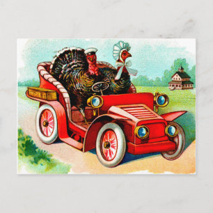 Paar Truthähne fahren Oldtimer-Auto, Vintage Postkarte