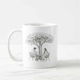 Paar unter Baum beim Kaffeetreffpunkt zum Ausmalen Kaffeetasse