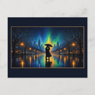 Paar unter Regenschirm Stadtlichter im Regen Postkarte