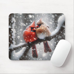 Paar von Kardinälen auf einer verschneiten Zweigst Mousepad