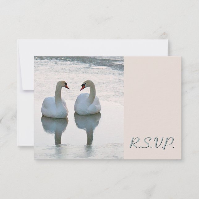 Paar von Lovebird Swans Gazing Wedding RSVP (Vorderseite)