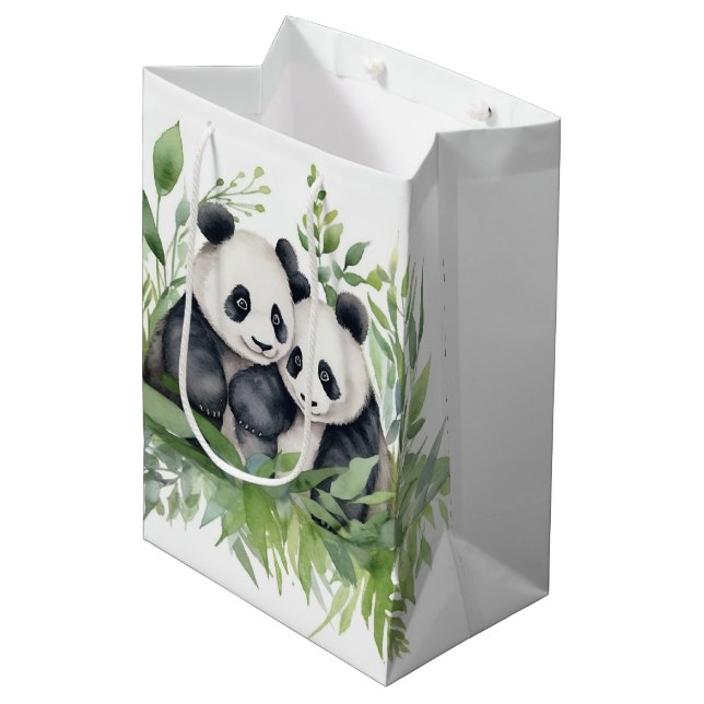 Paar von Pandas in Bambus-Blätter Mittlere Geschenktüte (Vorderseite Schrägansicht)