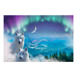 Paar weißer Wölfe mit Nordlicht Poster