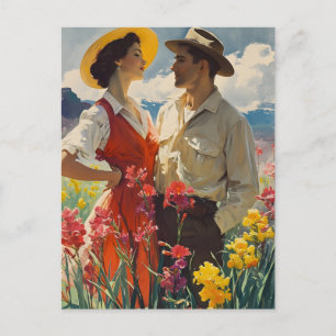 Paar zwischen Orchideen Vintage 1950er Postkarte