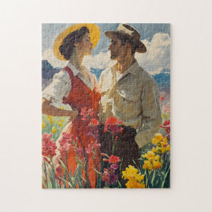 Paar zwischen Orchideen Vintage 1950er Puzzle