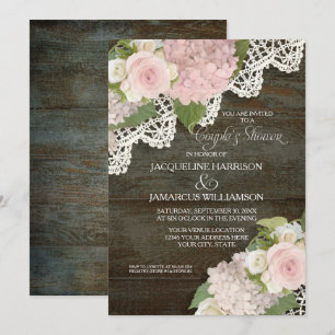 Paarbrause Dark Wood Schrift Pinke Hortensien Einladung