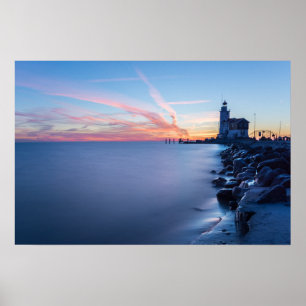Paard van Marken Leuchtturm bei blauem Sonnenaufga Poster