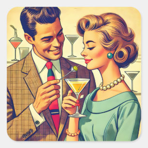 Paare auf einer Cocktailparty im Stil der Mitte de Quadratischer Aufkleber