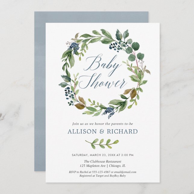 Paare Babydusche, geschlechtsneutrales Grün blau Einladung (Vorne/Hinten)