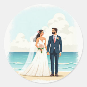 Paare Beach Hochzeitsticker Runder Aufkleber