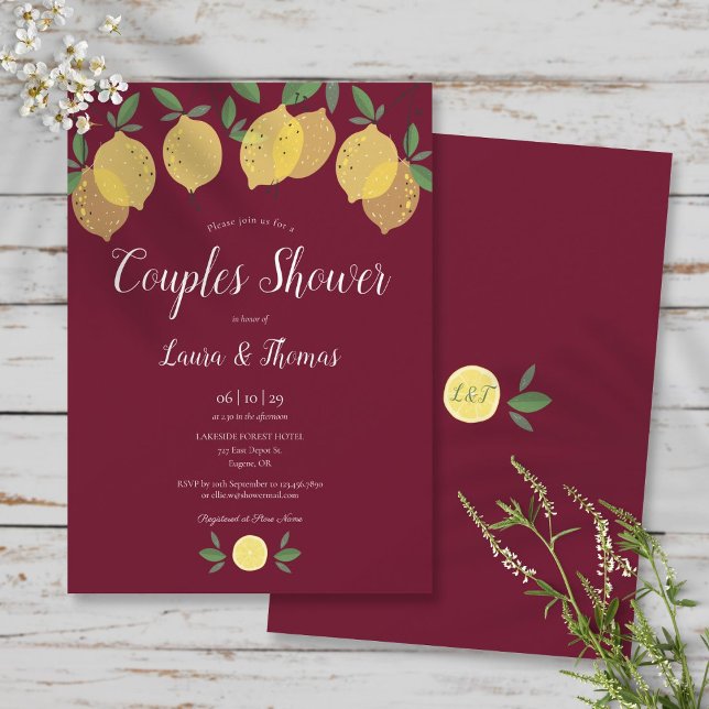 Paare Brautparty Lemons Burgundy Einladung (Couples Bridal Shower Lemons Burgundy Invitation)