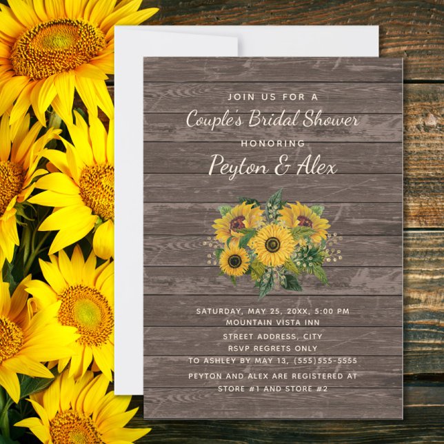 Paare Brautparty Rustikale Holzsonnenblumen Einladung (Sunflowers on rustic wood couples bridal shower invitation)