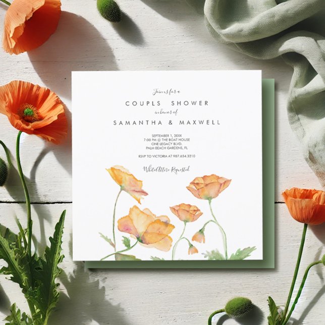 Paare Dusche Orangefarbene Wasserfarbenpflaumen Einladung (Couples shower invitations watercolor orange poppy flowers by Victoria Grigaliunas Do Tell A Belle)